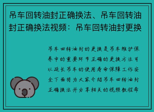 吊车回转油封正确换法、吊车回转油封正确换法视频：吊车回转油封更换技巧分享